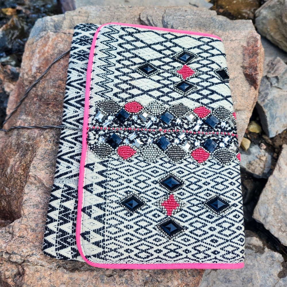 Angie Beaded Clutch Crossbody Tribal Aztec Pattern Pink Trim Chain Strap Boho